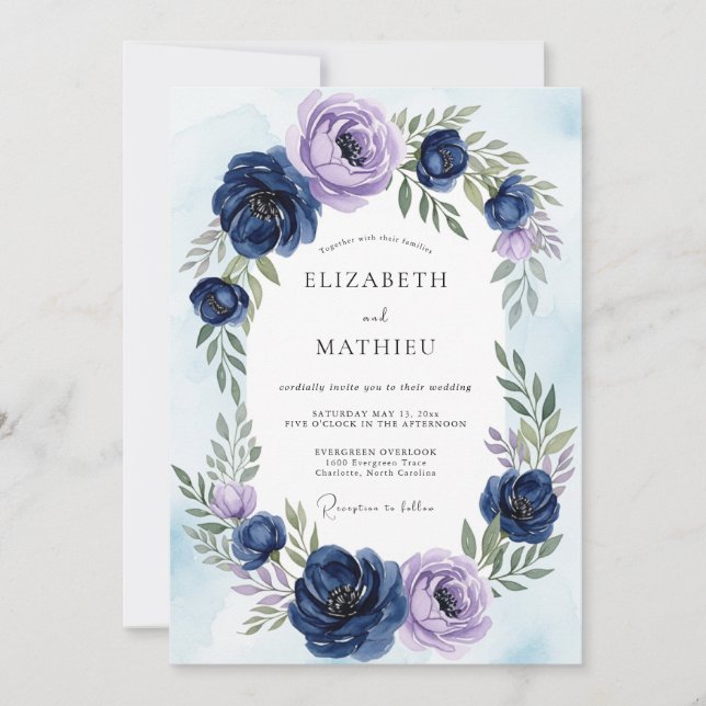 Invitation Mariage Botanique Éthéré Bleu Marine (Devant)