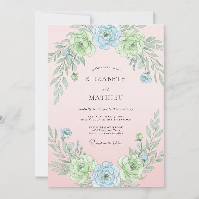 Invitation Mariage Botanique Éthéré Bleu Poudre (Devant)