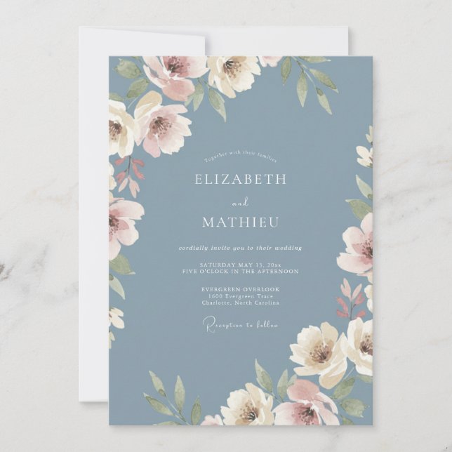 Invitation Mariage Botanique Éthéré Bleu Poussiéreux (Devant)