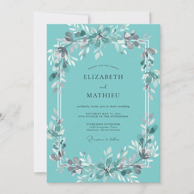 Invitation Mariage Botanique Éthéré Bleu-vert (Devant)