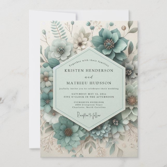 Invitation Mariage Botanique Éthéré Bleu-vert (Devant)