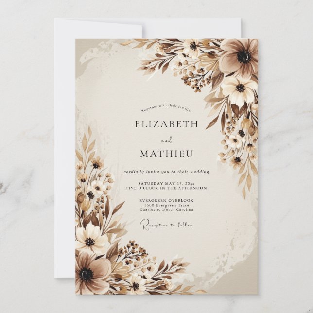 Invitation Mariage Botanique Éthéré Brun (Devant)