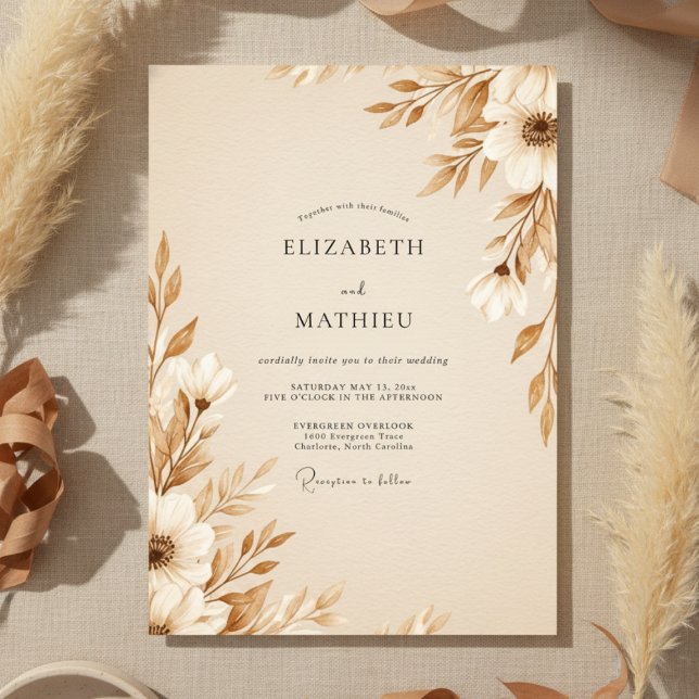 Invitation Mariage Botanique Éthéré Brun Clair (Créateur téléchargé)