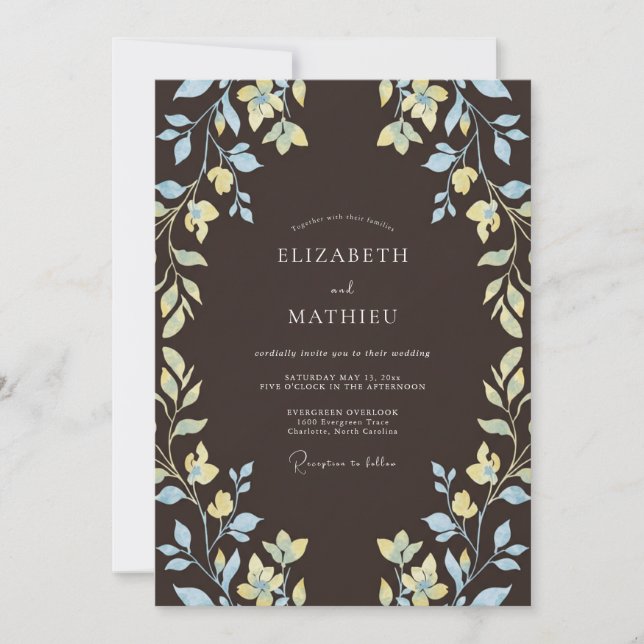 Invitation Mariage Botanique Ethéré Brun Espresso (Devant)