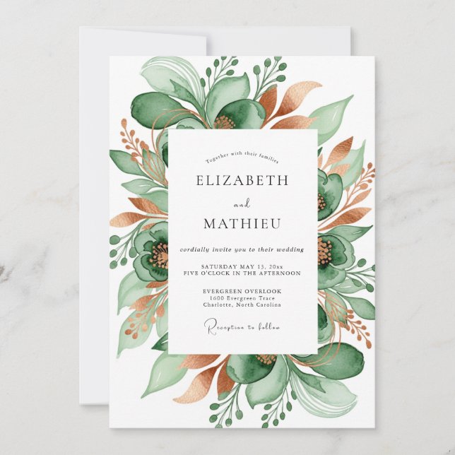 Invitation Mariage Botanique Éthéré Émeraude (Devant)