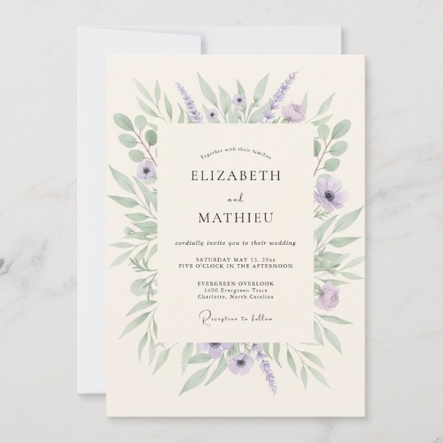Invitation Mariage Botanique Éthéré Lilas (Devant)