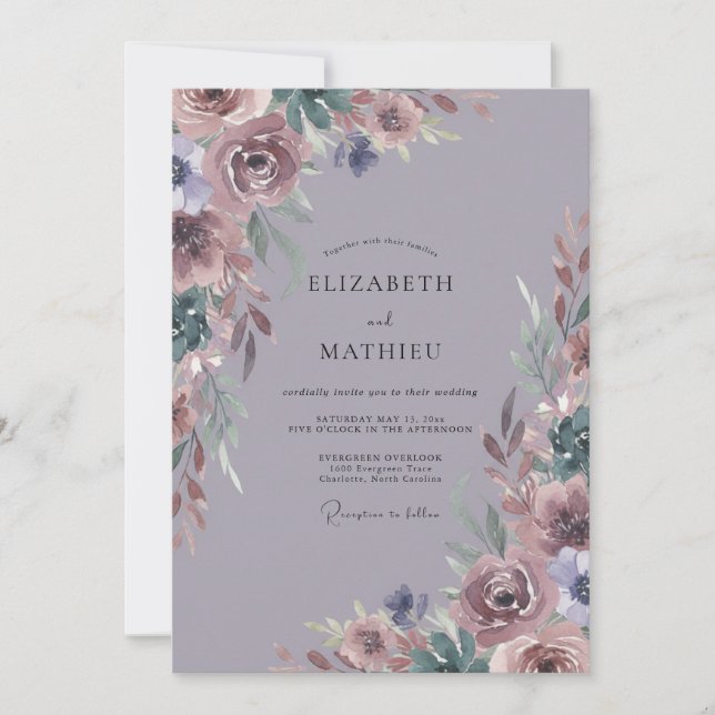 Invitation Mariage Botanique Éthéré Mauve (Devant)