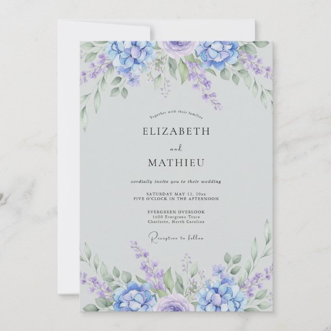Invitation Mariage Botanique Éthéré Pervenche (Devant)