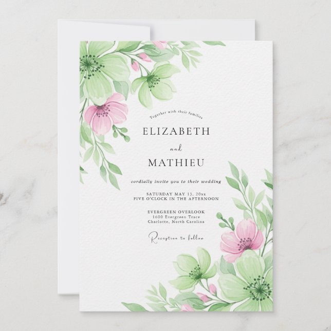 Invitation Mariage Botanique Éthéré Rose Pâle (Devant)