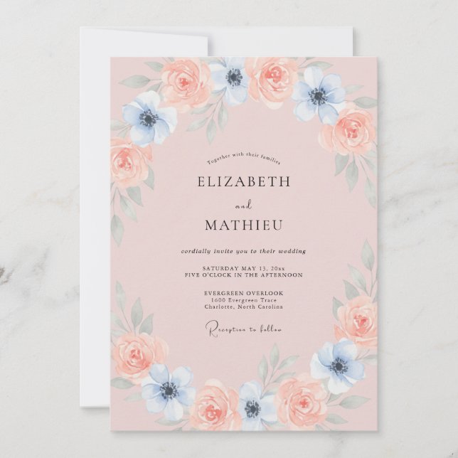 Invitation Mariage Botanique Éthéré Rose Pâle (Devant)