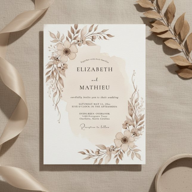 Invitation Mariage Botanique Éthéré Taupe (Créateur téléchargé)