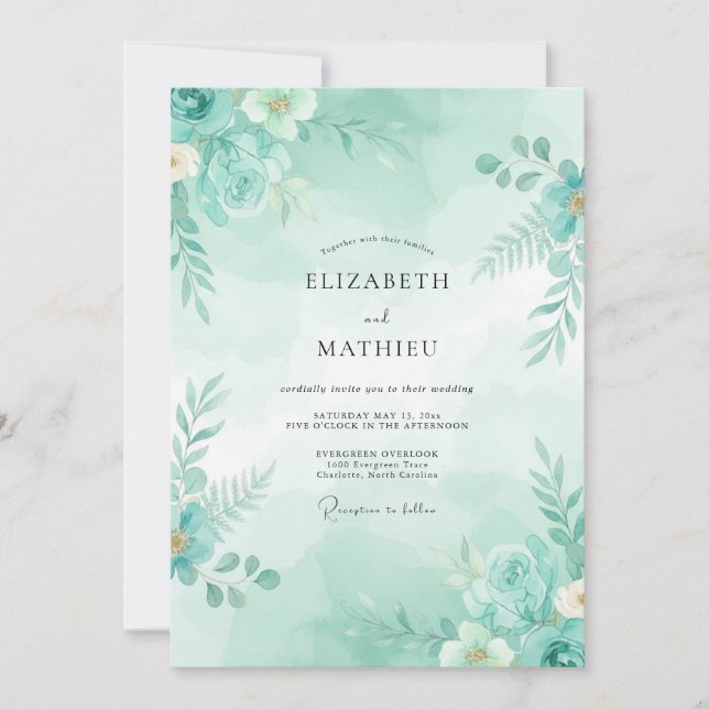 Invitation Mariage Botanique Éthéré Vert Mousse de Mer (Devant)