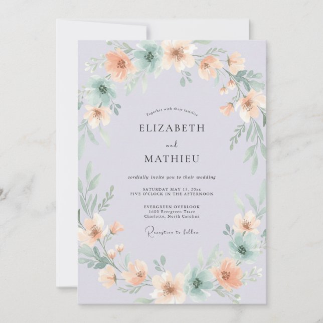 Invitation Mariage Botanique Éthéré Violet Pâle (Devant)