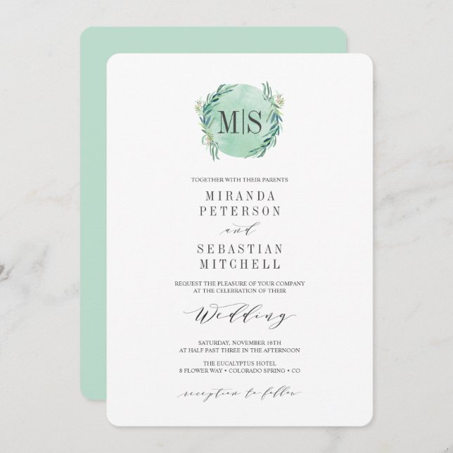 Invitation Mariage botanique Eucalyptus Monogram frais (Devant / Derrière)