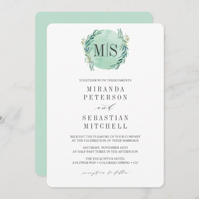 Invitation Mariage botanique Eucalyptus Monogram frais (Devant / Derrière)