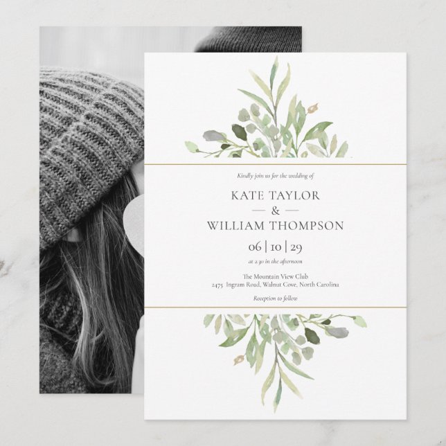 Invitation Mariage Botanique Eucalyptus Verdure Photo (Devant / Derrière)