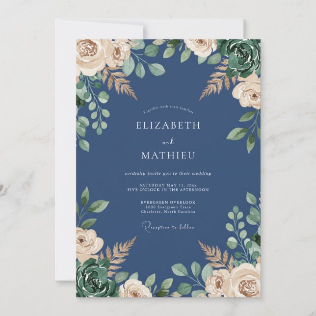 Invitation Mariage Botanique Exquis Bleu Marine (Devant)