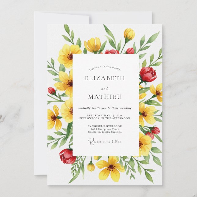 Invitation Mariage Botanique Exubérant Jaune (Devant)