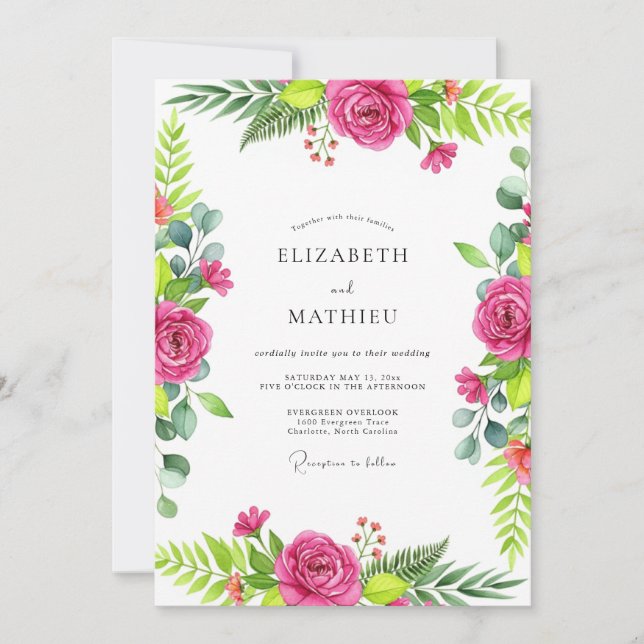 Invitation Mariage Botanique Exubérant Rose Fuchsia (Devant)