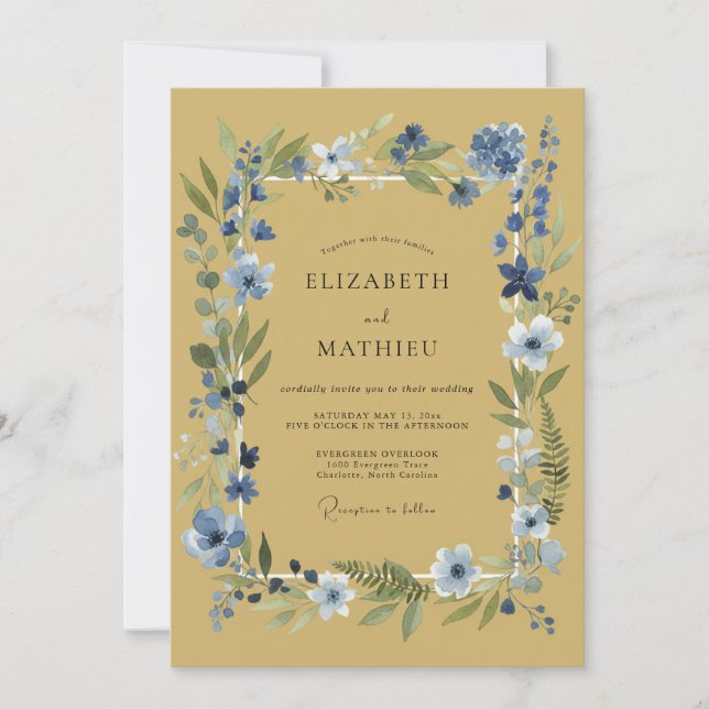 Invitation Mariage Botanique Fantaisie à Feuille Bleue (Devant)
