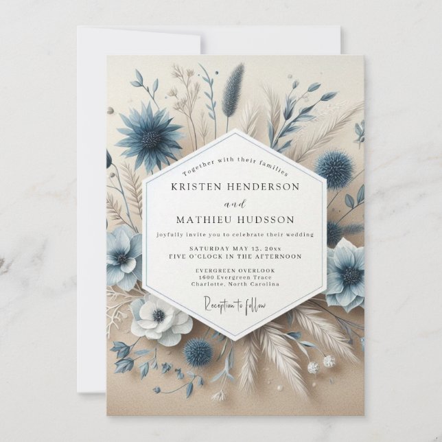 Invitation Mariage Botanique Fantaisiste Bleu Ardoise (Devant)