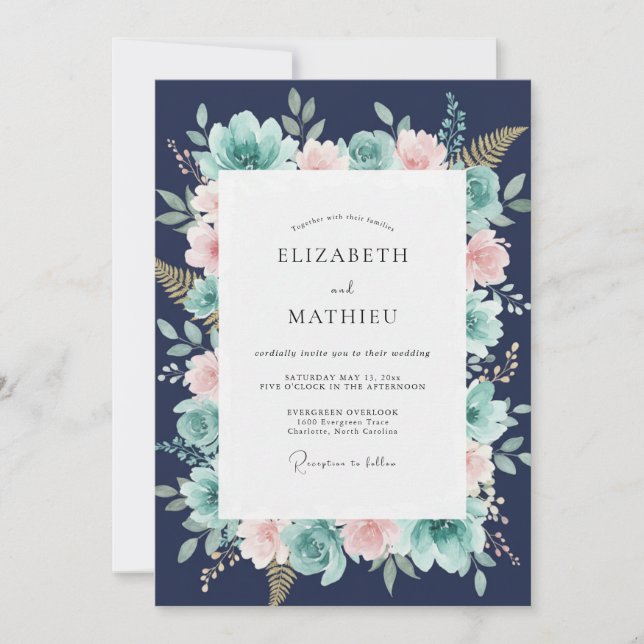 Invitation Mariage Botanique Fantaisiste Bleu Nuit (Devant)