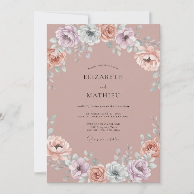 Invitation Mariage Botanique Fantaisiste Mauve (Devant)