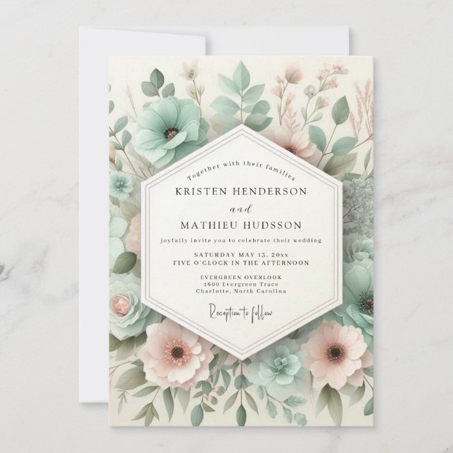Invitation Mariage botanique fantaisiste sarcelle (Devant)