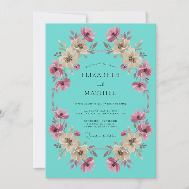 Invitation Mariage Botanique Fantaisiste Turquoise (Devant)