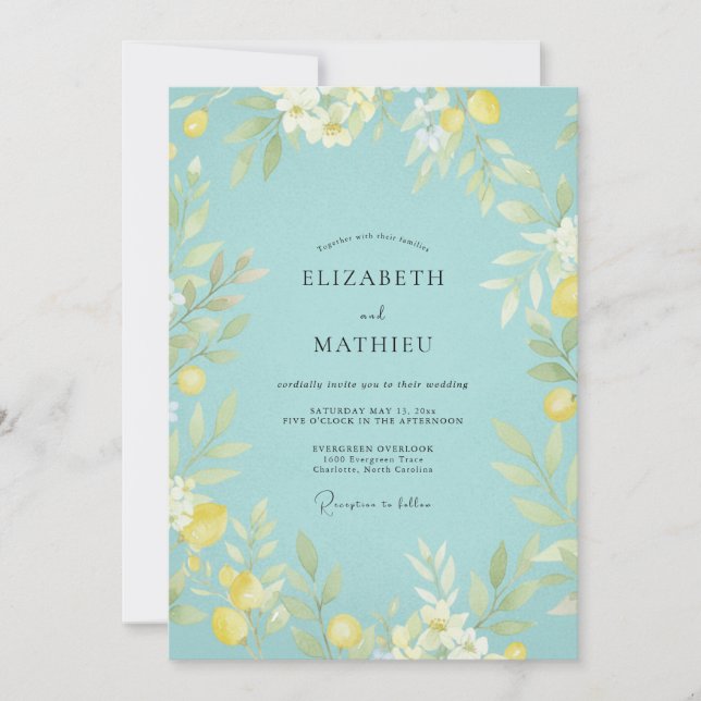 Invitation Mariage Botanique Fantaisiste Turquoise (Devant)