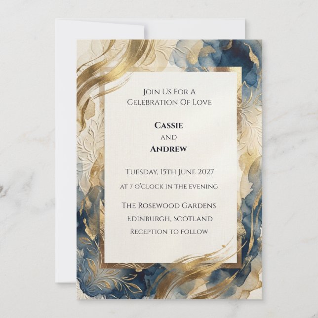 Invitation Mariage Botanique Feuille d'Or Bleu Sarcelle (Devant)