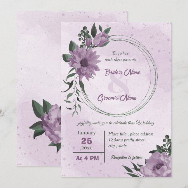 Invitation mariage botanique feuille fleurs violettes vert (Devant / Derrière)