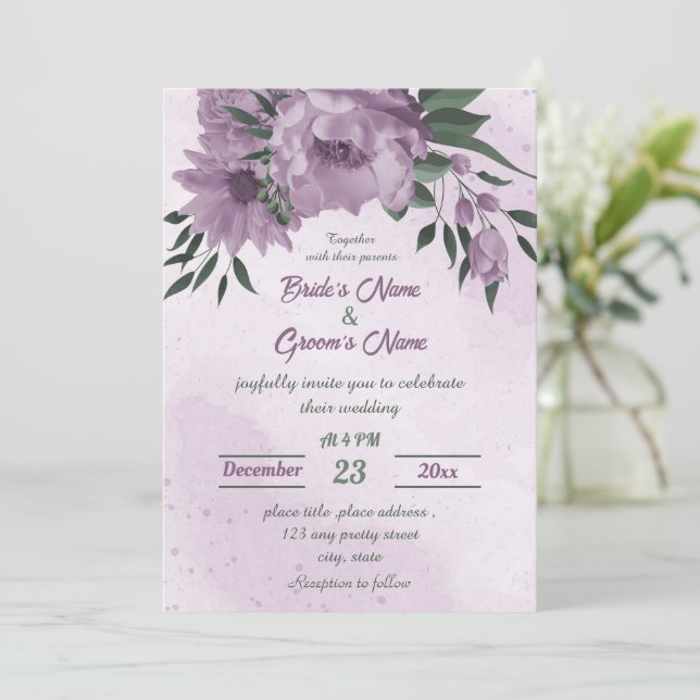 Invitation mariage botanique feuille fleurs violettes vert (Debout devant)