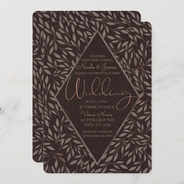 Invitation Mariage botanique Feuille rose chocolat Mauve (Devant / Derrière)