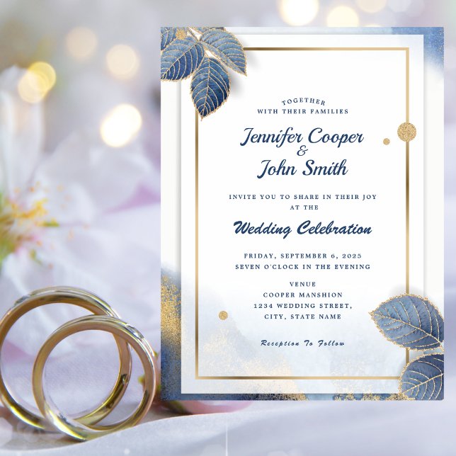 Invitation Mariage Botanique Feuilles d'Or Bleu Élégant (Créateur téléchargé)