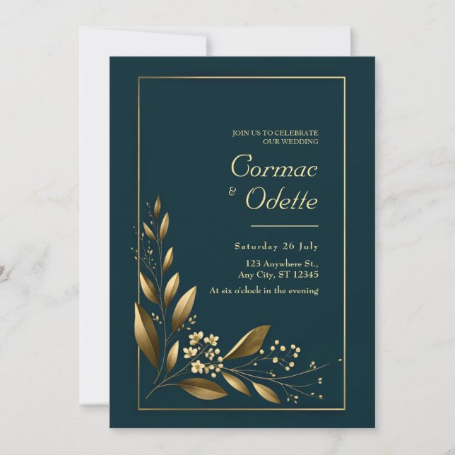 Invitation Mariage Botanique Feuilles d'Or de la Marine (Devant)