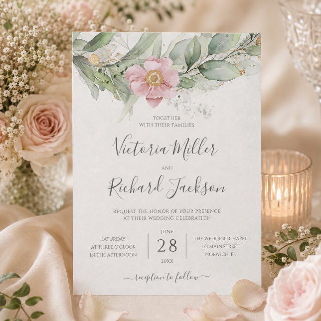 Invitation Mariage botanique feuilles d'or de verdure d'eucal (Créateur téléchargé)