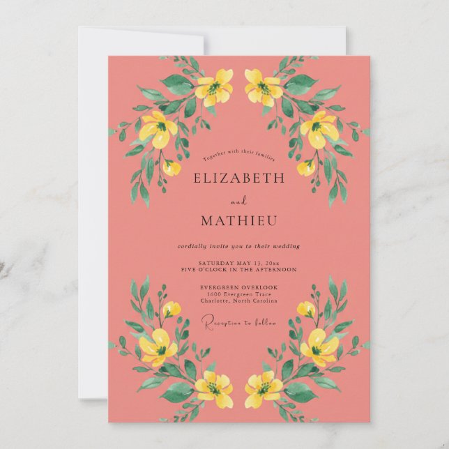 Invitation Mariage Botanique Fleur de Corail Jaune (Devant)