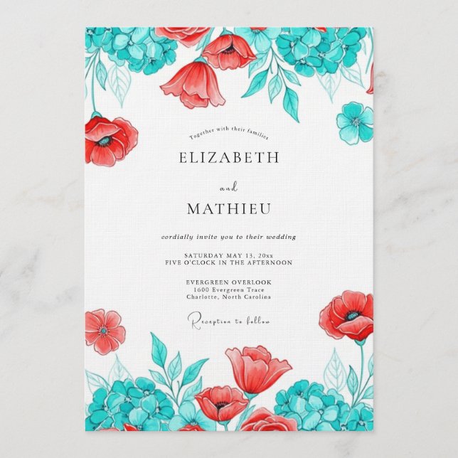Invitation Mariage Botanique Fleur de Pavot Sarcelle (Devant)