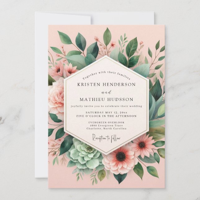 Invitation Mariage Botanique Fleur Rose (Devant)