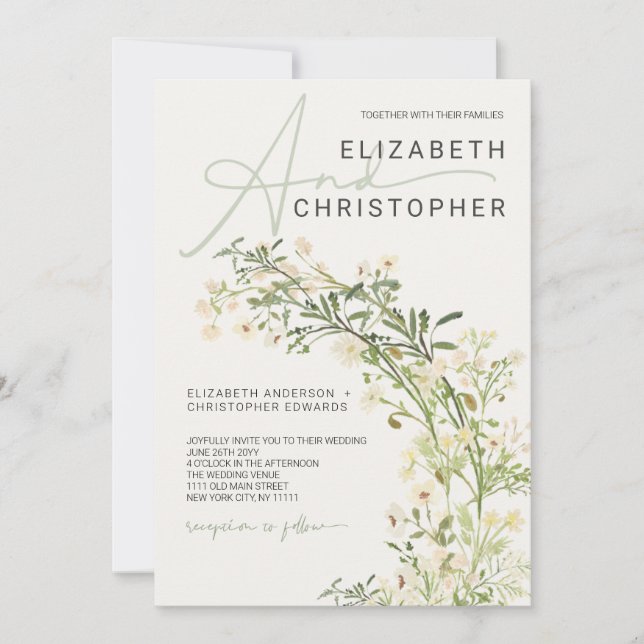 Invitation Mariage botanique fleuri fleur sauvage (Devant)