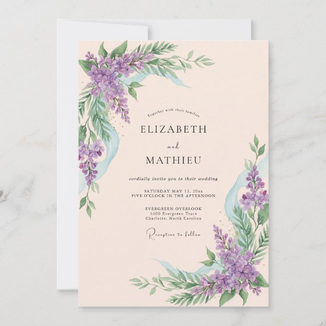 Invitation Mariage botanique fleuri lavande (Devant)
