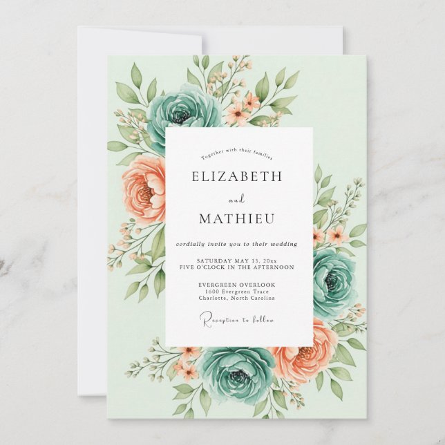 Invitation Mariage botanique fleuri vert menthe (Devant)