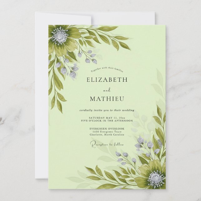 Invitation Mariage botanique fleuri vert sauge (Devant)