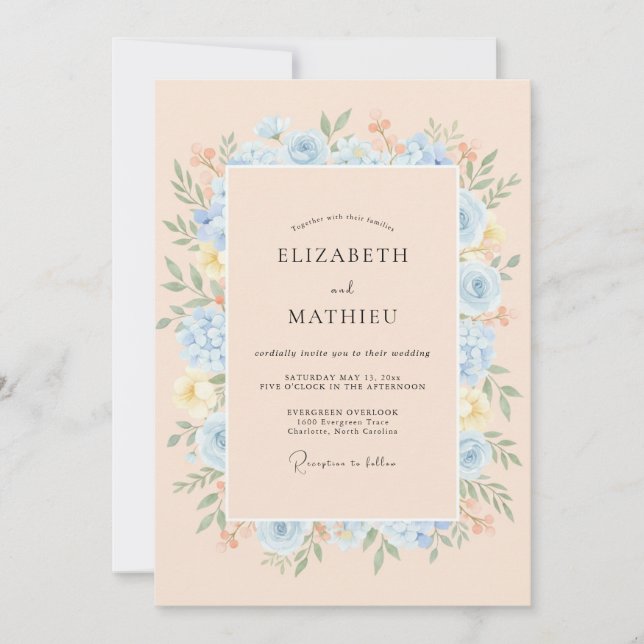 Invitation Mariage Botanique Fleurissant Bleu Clair (Devant)