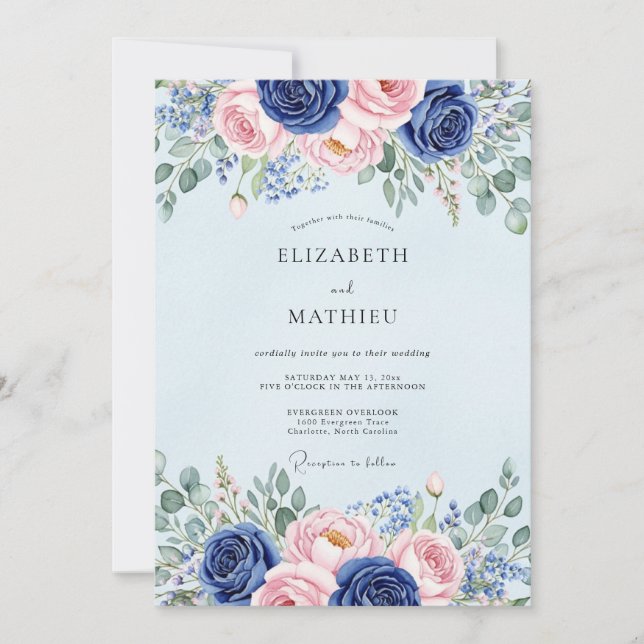 Invitation Mariage Botanique Fleurissant Bleu Clair (Devant)