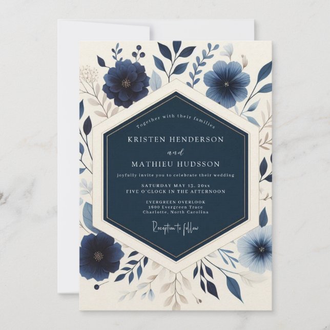 Invitation Mariage Botanique Fleurissant Navy (Devant)
