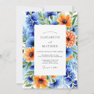 Invitation Mariage Botanique Fleurissant Orange Bleu