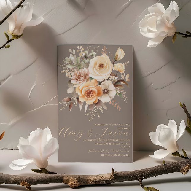 Invitation Mariage botanique floral beige neutre  (Créateur téléchargé)