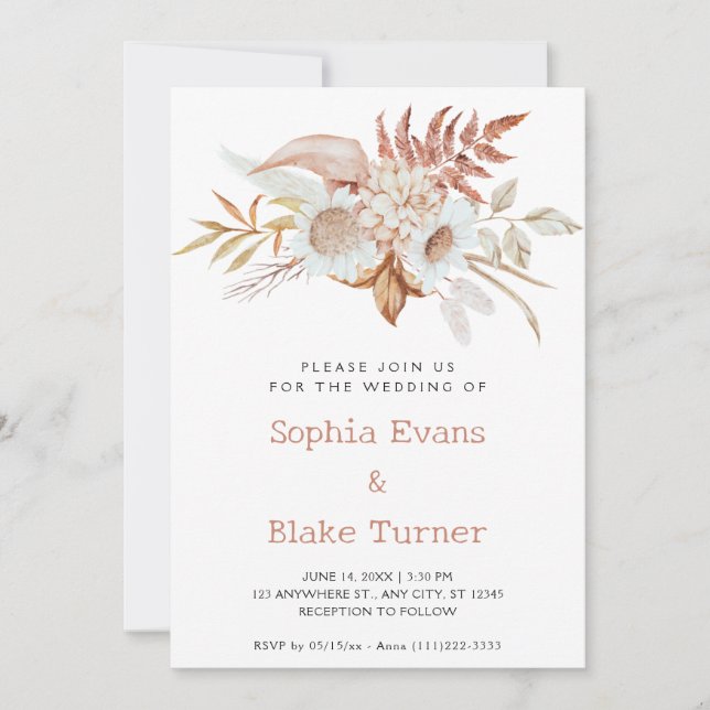 Invitation Mariage botanique floral blanc de campagne rustiqu (Devant)
